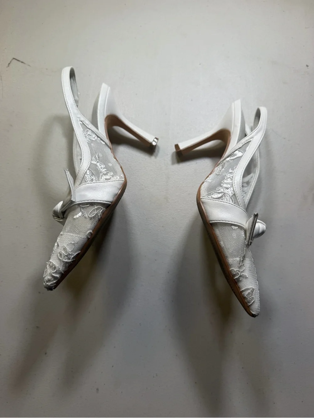 White Lace Slingback Heel with Bow Detail